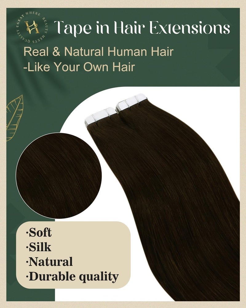 Ugeat Brown Tape in Hair Extensions Real Human Hair Tape in Hair Extension Dark Brown Natural Color Medium Length Seamless Soft for Weeding 18 Inch 20Pcs 50G - Image 2